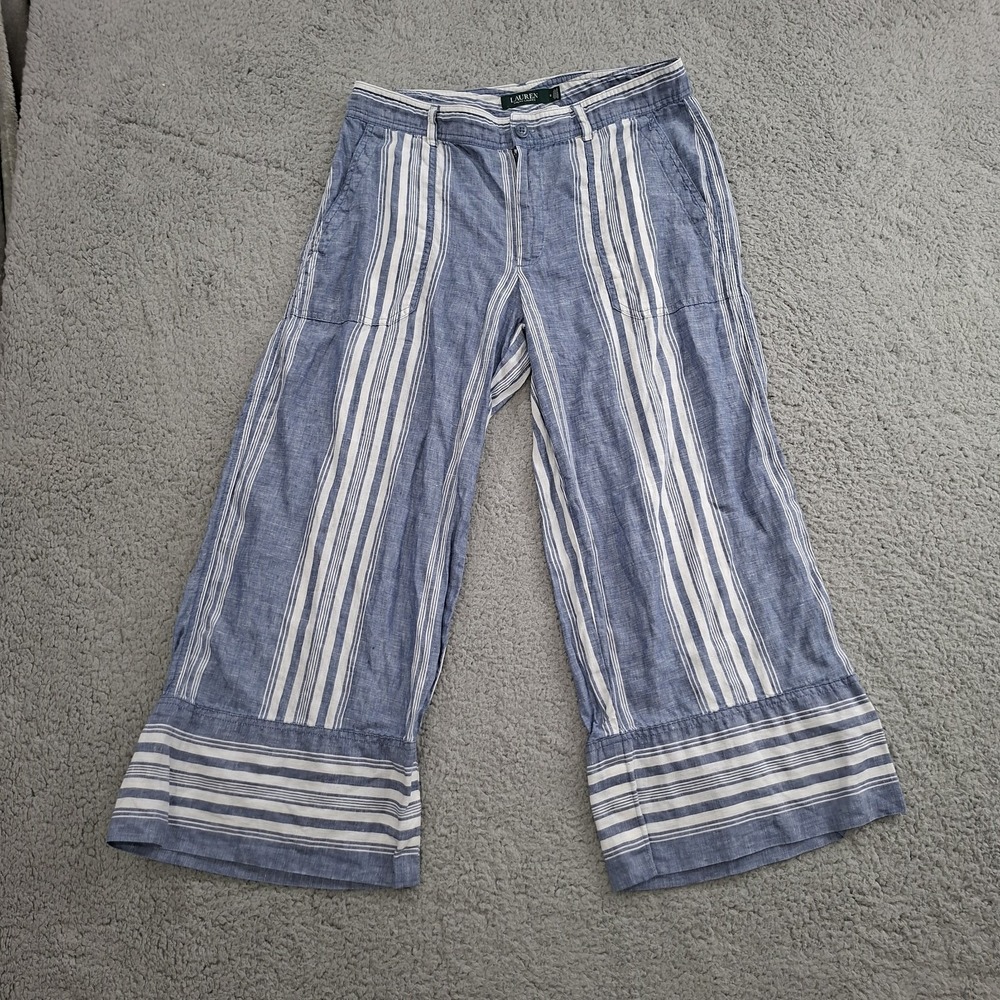 Lauren Ralph Lauren LRL Striped 100% Linen Pants Women's 8 Cropped Wide Leg